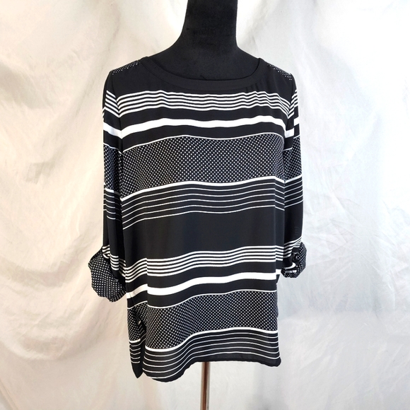 Ann Taylor LOFT Size Medium B&W Dots & Stripes Semi-sheer Chiffon Roll Tab Tunic - Picture 1 of 16